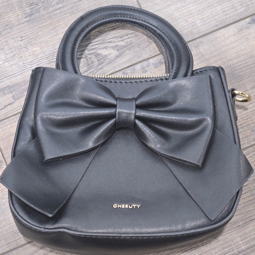 Cheruty Black Bow Top Handle Handbag Vegan Leather Mini Bag Gold Hardware